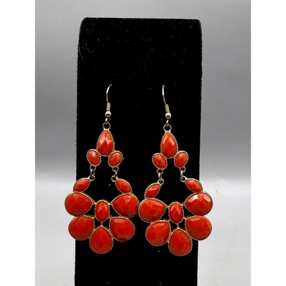 Orange Faceted Resin Gold Tone Chandelier Statement Earrings Women Boho Drop